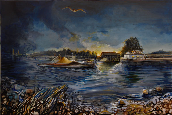 Daybreak on the river IJssel - oil with sand and slices on canvas - 80 x 120 cm