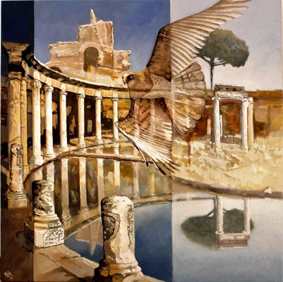 Falcon sweeps through Tivoli - oil and acryl with sandstructure on canvas - 81 x 81 cm