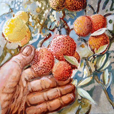 Apanhar medronhos - oleo com areia na tela - 40 x 40 cm