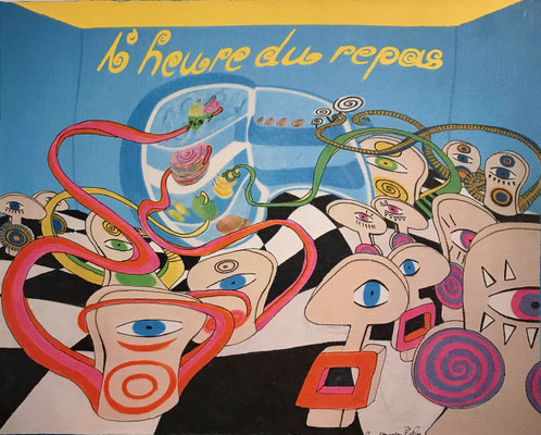 „L´heure du repas  / bleu“ - Copic auf Holzkörper 25x20x4,5 cm  2007