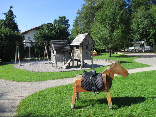 Pferd mit Schaukel und Holzhaus