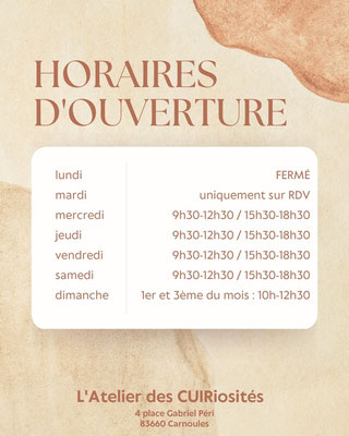 horaires l'Atelier des CUIRiosités