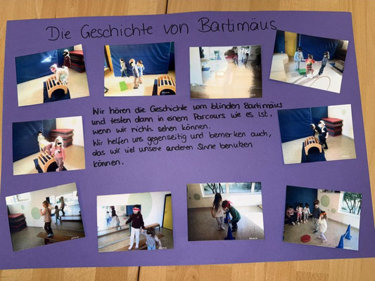 Es sind Fotos zu sehen, auf denen die Kinder die nachgestellte Geschichte von Bartimäus nachspielen