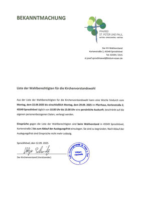 Offenlegungsort und -zeit des Wählerverzeichnisses