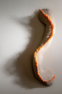WHISPER, 25 x 80 x 35, 2024, mixed media (OSB, wire, gypsum, cement, rope)