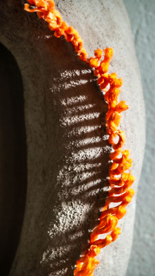 WHISPER Detail, 25 x 80 x 35, 2024, mixed media (OSB, wire, gypsum, cement, rope)