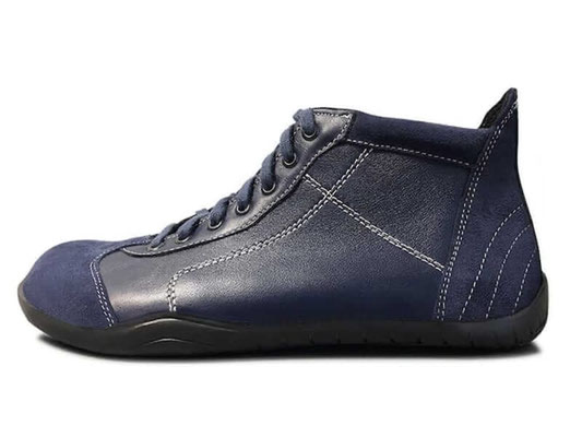 Knöchelhohe Barfuß Sneaker aus blauen Leder mit weißen Nähten