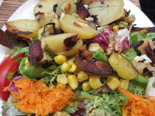 Bei dem schönen Sommerwetter konnten wir gemütlich draußen sitzen. Hier unser veganes Essen: Deftiger Salat