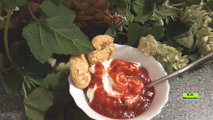 Selbstgemachte Mascarponecreme zum Dessert mit selbstgemachter Erdbeer-Granatapfel-Fruchtsauce. Rezepte, Bild und Bücher K.D. Michaelis