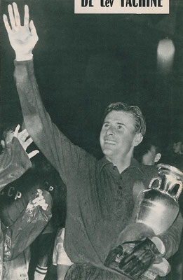 Russian goalkeeper Yashin holds the Henri Delaune Cup, trophy with name of one of the founder of UEFA, in front of 18,000 spectators, after winning of URRS against France at the Parc des Princes, in Paris, on July 10, 1960 (courtesy FOOTBALL MAGAZINE)