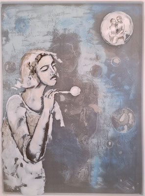 "Seifenblasen" 85 x 65 cm, Acryl auf Seide und Holzplatte