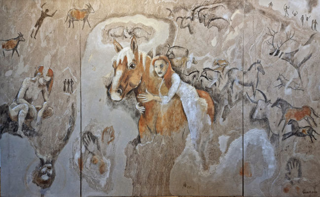 "Gestern und Heute" Triptychon,  Mischtechnik auf Schiefer, 125 x 210 cm
