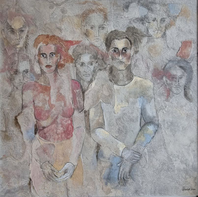 "Zuschauer III"  83 x 83 cm, Mischtechnik auf Schiefer,