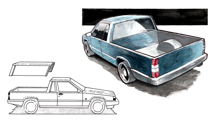 Volvo 940 Pick-up – Bleistift, Kugelschreiber, Fineliner, Aquarellfarben (copyright: Christian Seidlitz)