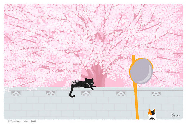 たびねこイラスト-4　桜の樹の下で