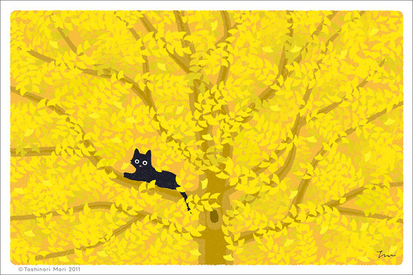 たびねこイラスト-11　木の葉がくれ
