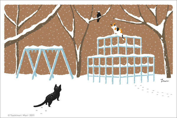 たびねこイラスト-2　雪のジャングルジム