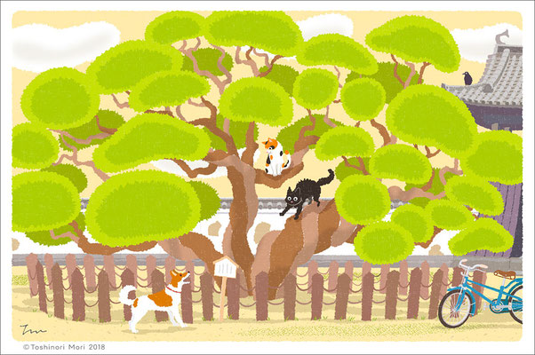 たびねこイラスト-27　まんじゅの木の上で