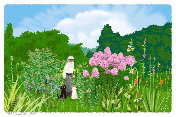 たびねこイラスト-43　夏の日の菜園