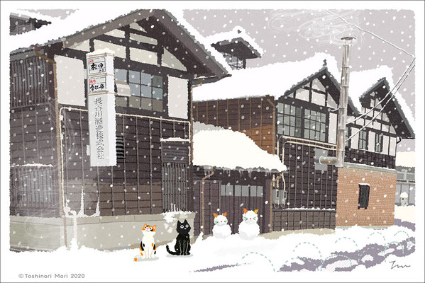 たびねこイラスト-48　雪の酒蔵