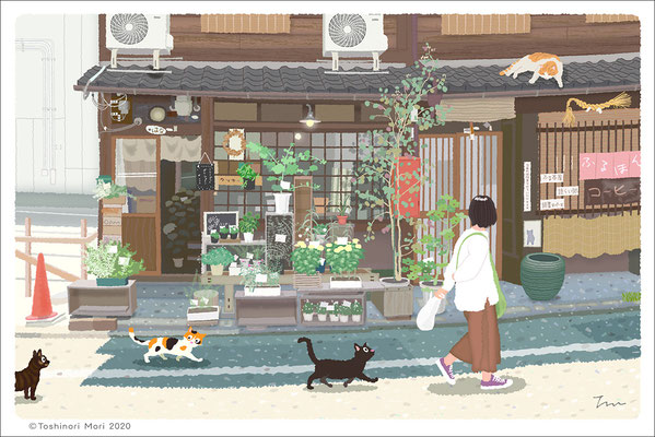たびねこイラスト-42　京都の花屋