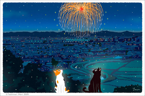 たびねこイラスト-44　夏の打ち上げ花火