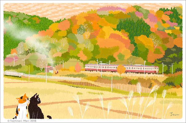 たびねこイラスト-35　秋色パッチワーク