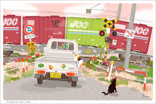 たびねこイラスト-34　踏切と貨物列車