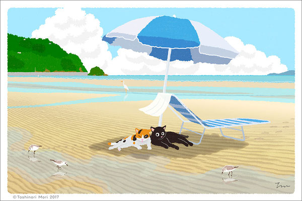 たびねこイラスト-31　夏のパラソル