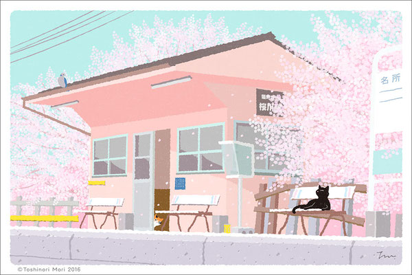 たびねこイラスト-16　駅でお花見
