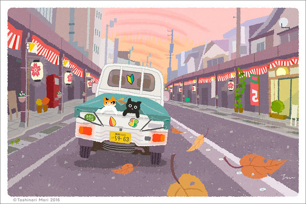 たびねこイラスト-22　秋祭りの夕暮れ
