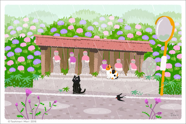 たびねこイラスト-18　雨の地蔵堂