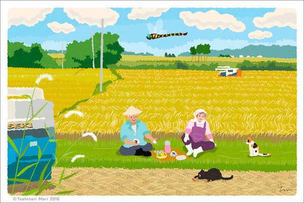 たびねこイラスト-21　稲刈りの昼休み