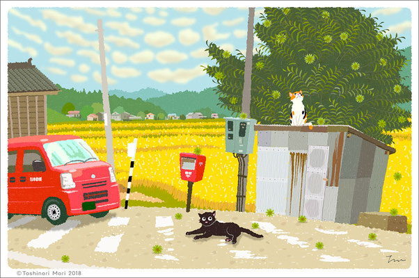 たびねこイラスト-33　栗の木と郵便車