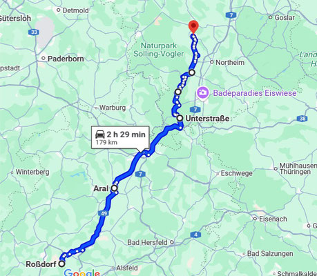 So ca. die Strecke denk ich: 8 Uhr los, 19 Uhr zurück, mit Abstecher zur Mutti. 31,5 Liter Super, 51.-, 14 Euro Eintritt und Führung, 30.- Speisung und käufliche Kaltgetränke... ;) SCHÖNER TAG, UNBEZAHLBAR!! 