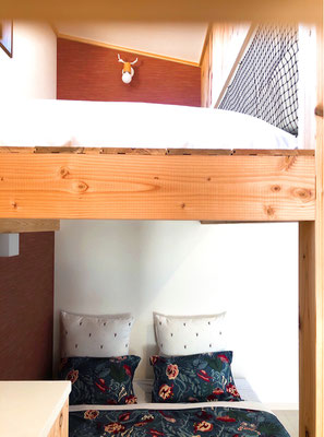 Upstairs : Japanese-style futon set for 1 person / Downstairs : Queen bed for 2 persons