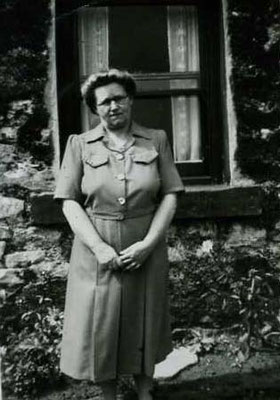 Bertha Birch nee Howarth. Outside 7 Queen St. Low Moor. 1947