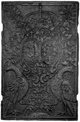 Inv.-Nr. 88   Allianzwappen Lothringen (Lepold I.) - Orleans (Elisabeth-Charlotte von Orleans),  Ofenplatte 46 x 69 cm, Neunkirchen, dat. 1709 