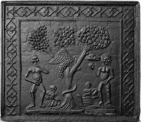  Inv.-Nr. 143   Adam und Eva, Kaminplatte 75 x 64 cm, Cousance, 1. H. 16. Jh. 