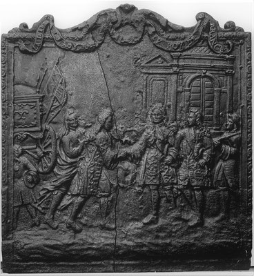 Inv.-Nr. 337   Abschied spanischer und französischer König,  Kaminplatte 70 x 66 cm, Lothringen, ca. 1700