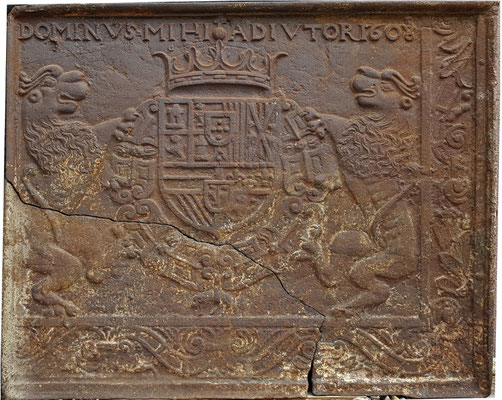 Inv.-Nr. 6   Wappen Spanien Phillipp III., Kaminplatte 89 x 72 cm, Villerupt, dat. 1608