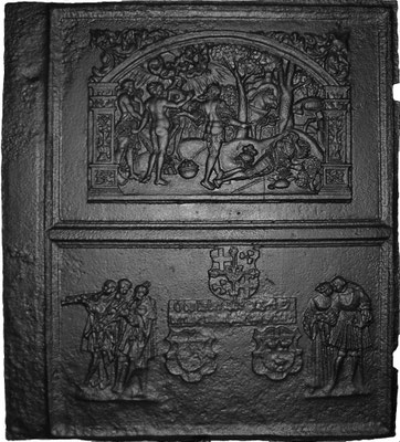  Inv.-Nr. 21   Wappenkomposition W. Schutzbar - ?, Das Urteil des Paris, Ofenplatte 107 x 121 cm, rechtsrheinische Hütte (?), dat. 1549