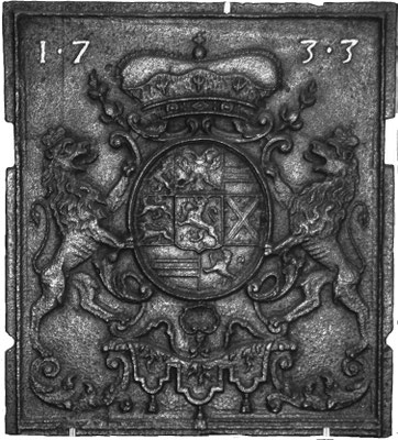  Inv.-Nr. 128   Wappen Nassau-Saarbrücken,  Ofenplatte 44 x 49 cm, Saarland, dat. 1733 