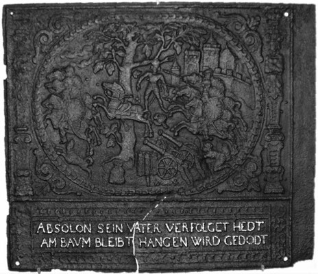  Inv.-Nr. 172   Der Tod des Absalom, Ofenplatte 95 x 82 cm, Pfalz, 2. H. 17. Jh. 