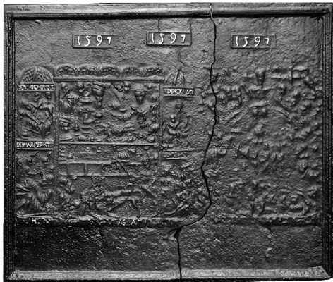  Inv.-Nr. 231   Der Reiche und der Arme, Kaminplatte 103 x 90 cm, Eisenschmitt, dat. 1597 