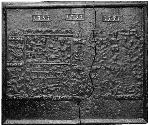  Inv.-Nr. 231   Der Reiche und der Arme, Kaminplatte 103 x 90 cm, Eisenschmitt, dat. 1597 