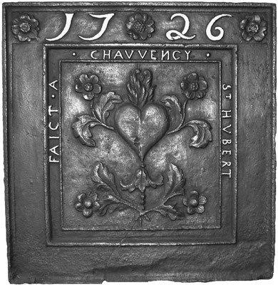 Inv.-Nr. 258   Allegorie der Liebe, Kaminplatte 73 x 76 cm, Hütte Chauvency-Saint-Hubert, dat. 1726