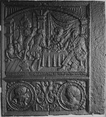  Inv.-Nr. 232   Der Reiche und der Arme, Ofenplatte 67 x 73 cm, Schwalefeld/Waldeck (?), dat. 1542 