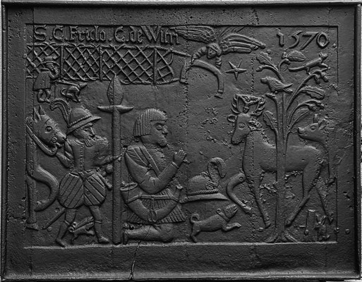  Inv.-Nr. 136   Hubertuslegende,  Kaminplatte 102 x 80 cm, nördliche Ardennen, Wallonie, dat. 1570 