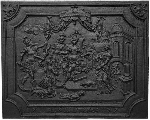  Inv.-Nr. 177   Das Urteil Salomons, Kaminplatte 108 x 87 cm, Geislautern, dat. 1737 